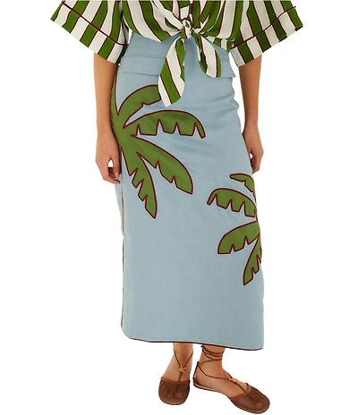 Farm Rio Blue Embroidered Palm Tree Mid Rise Linen Maxi Skirt