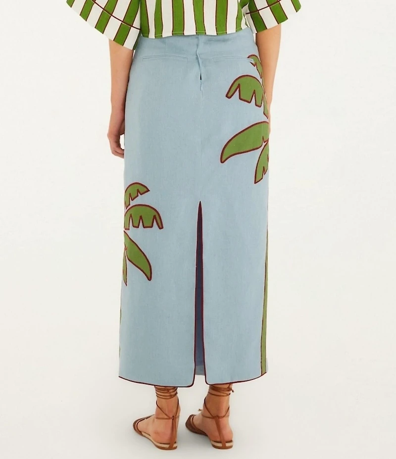 Farm Rio Blue Embroidered Palm Tree Mid Rise Linen Maxi Skirt