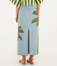 Farm Rio Blue Embroidered Palm Tree Mid Rise Linen Maxi Skirt
