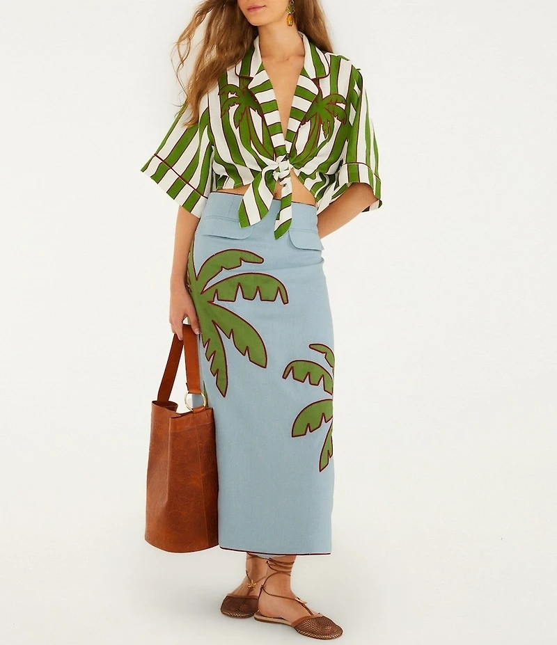 Farm Rio Blue Embroidered Palm Tree Mid Rise Linen Maxi Skirt