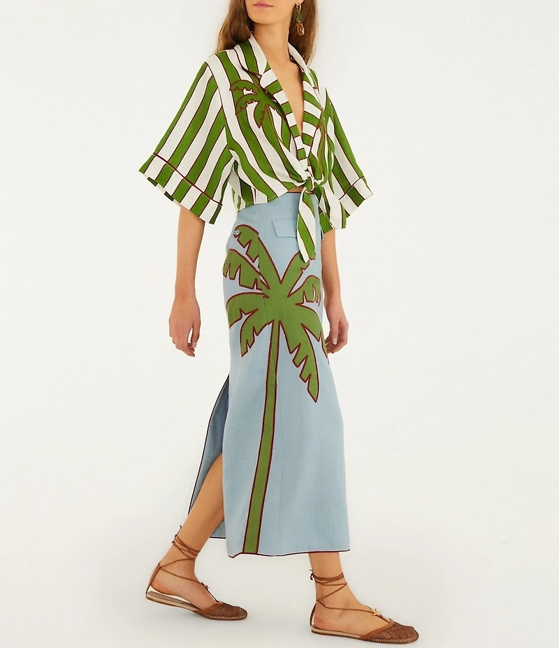 Farm Rio Blue Embroidered Palm Tree Mid Rise Linen Maxi Skirt