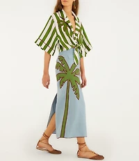 Farm Rio Blue Embroidered Palm Tree Mid Rise Linen Maxi Skirt