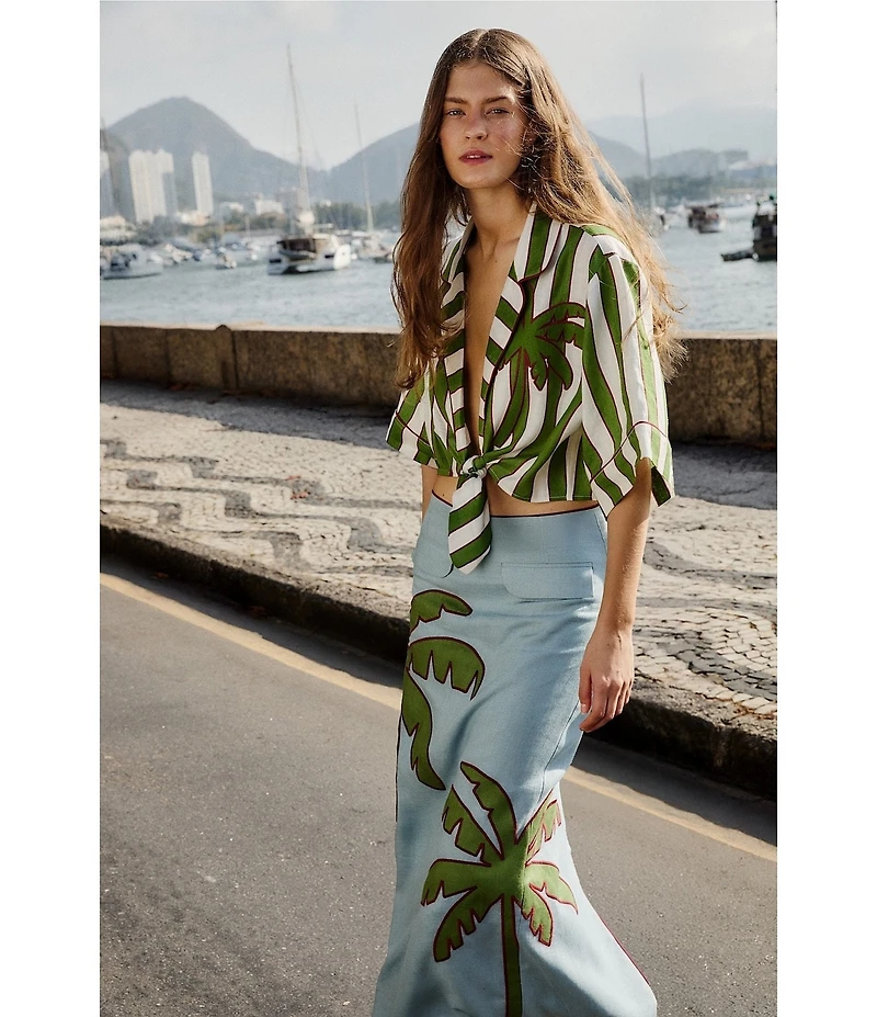 Farm Rio Blue Embroidered Palm Tree Mid Rise Linen Maxi Skirt