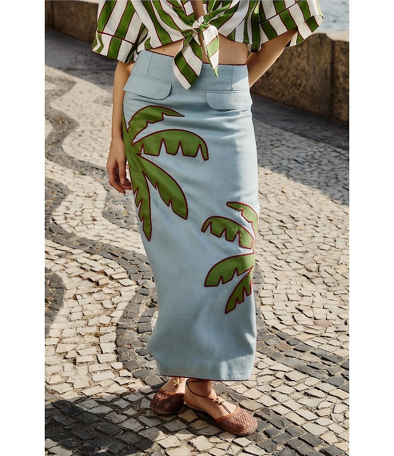 Farm Rio Blue Embroidered Palm Tree Mid Rise Linen Maxi Skirt