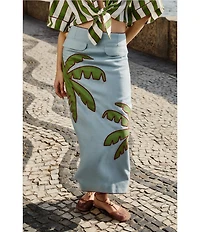 Farm Rio Blue Embroidered Palm Tree Mid Rise Linen Maxi Skirt