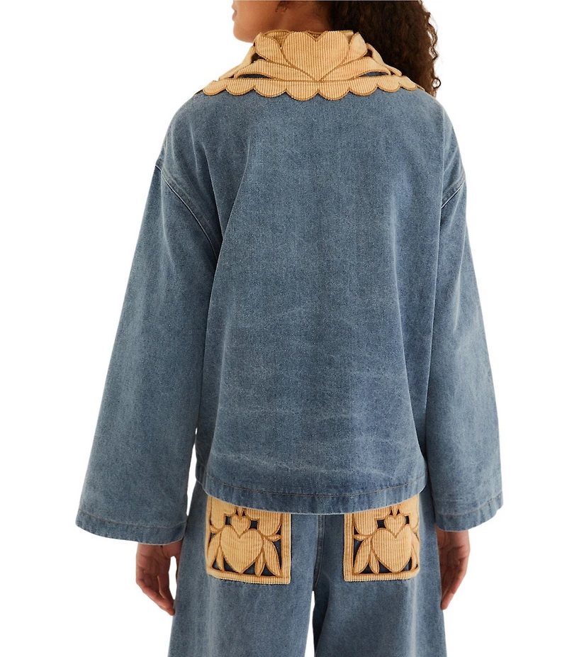 Farm Rio Blue Richelieu Embroidered Collared Long Sleeve Denim Barn Jacket
