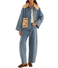 Farm Rio Blue Richelieu Embroidered Collared Long Sleeve Denim Barn Jacket