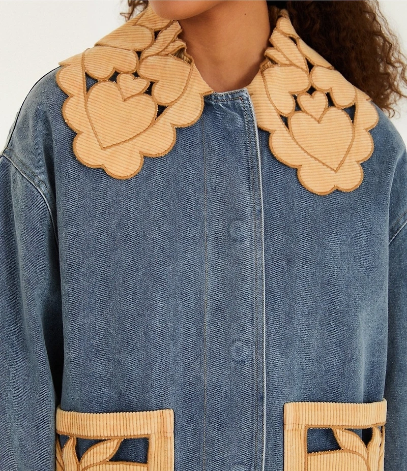 Farm Rio Blue Richelieu Embroidered Collared Long Sleeve Denim Barn Jacket
