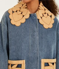 Farm Rio Blue Richelieu Embroidered Collared Long Sleeve Denim Barn Jacket