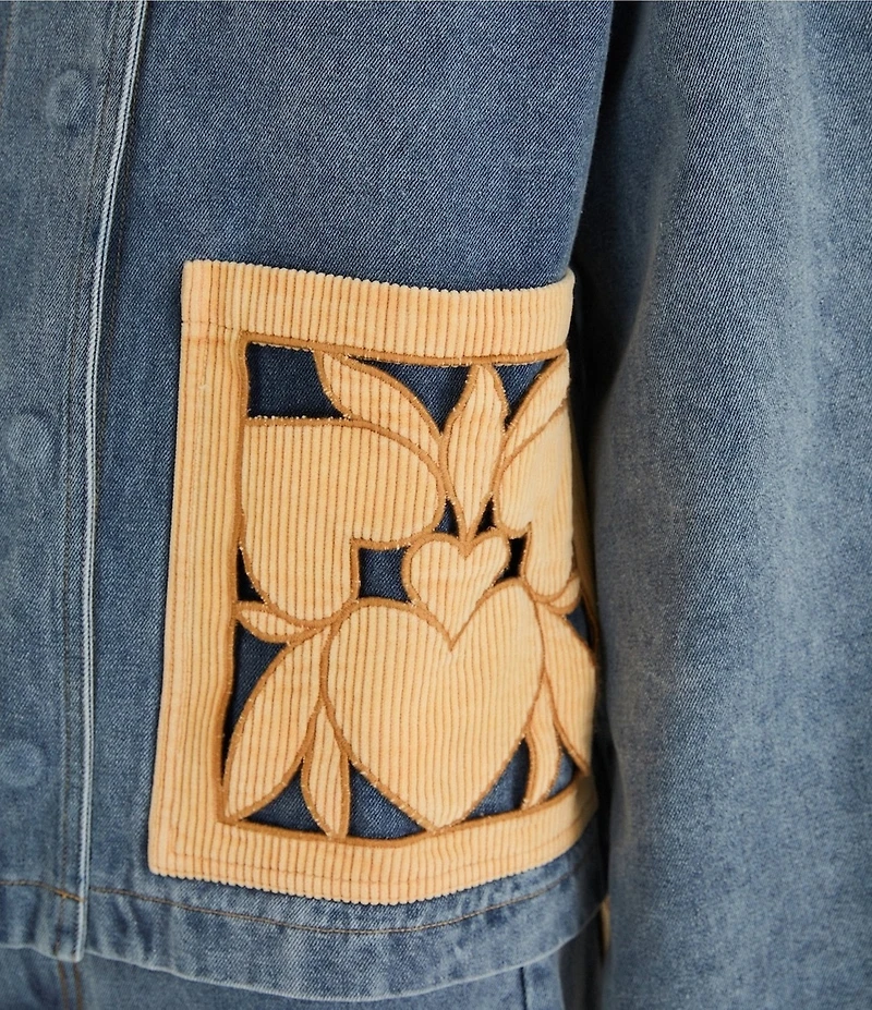 Farm Rio Blue Richelieu Embroidered Collared Long Sleeve Denim Barn Jacket
