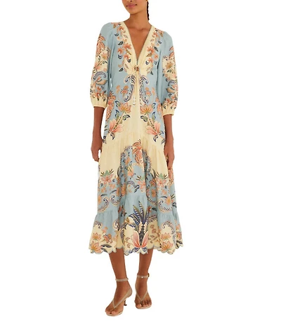 Farm Rio Boho Beauty Butter Linen Blend V-Neckline 3/4 Scallop Hem Maxi Dress