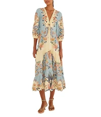 Farm Rio Boho Beauty Butter Linen Blend V-Neckline 3/4 Scallop Hem Maxi Dress
