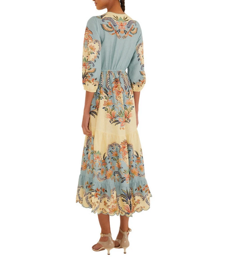 Farm Rio Boho Beauty Butter Linen Blend V-Neckline 3/4 Scallop Hem Maxi Dress