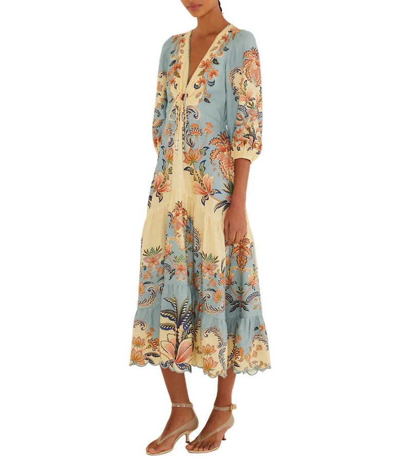 Farm Rio Boho Beauty Butter Linen Blend V-Neckline 3/4 Scallop Hem Maxi Dress