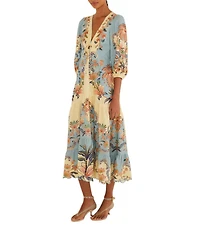 Farm Rio Boho Beauty Butter Linen Blend V-Neckline 3/4 Scallop Hem Maxi Dress