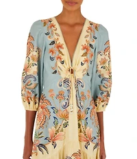 Farm Rio Boho Beauty Butter Linen Blend V-Neckline 3/4 Scallop Hem Maxi Dress