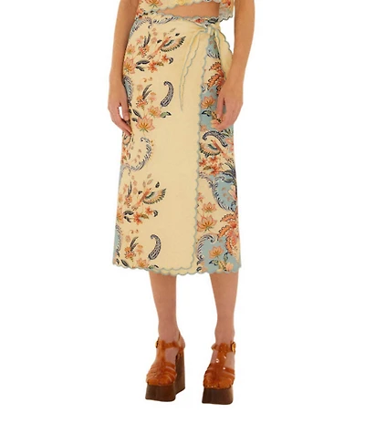 Farm Rio Boho Beauty Butter V-Neck Short Sleeve Scallop Hem Coordinating Linen Wrap Midi Skirt