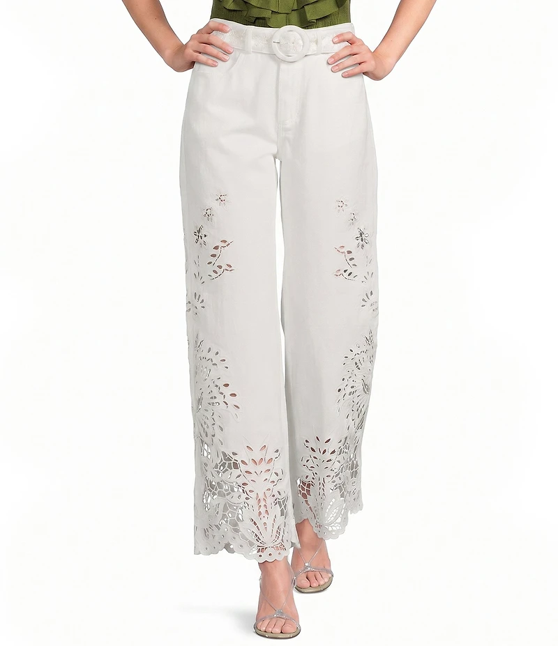 Farm Rio Boho Beauty Richelieu High Rise Embroidered Eyelet Denim Wide Leg Pants