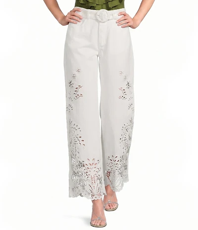 Farm Rio Boho Beauty Richelieu High Rise Embroidered Eyelet Denim Wide Leg Pants