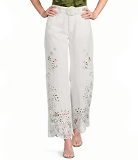 Farm Rio Boho Beauty Richelieu High Rise Embroidered Eyelet Denim Wide Leg Pants
