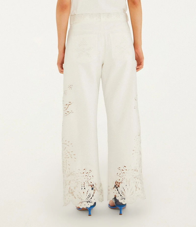 Farm Rio Boho Beauty Richelieu High Rise Embroidered Eyelet Denim Wide Leg Pants