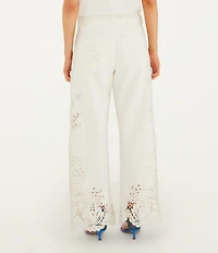 Farm Rio Boho Beauty Richelieu High Rise Embroidered Eyelet Denim Wide Leg Pants