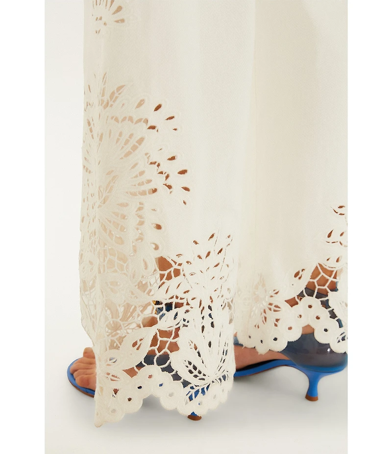 Farm Rio Boho Beauty Richelieu High Rise Embroidered Eyelet Denim Wide Leg Pants