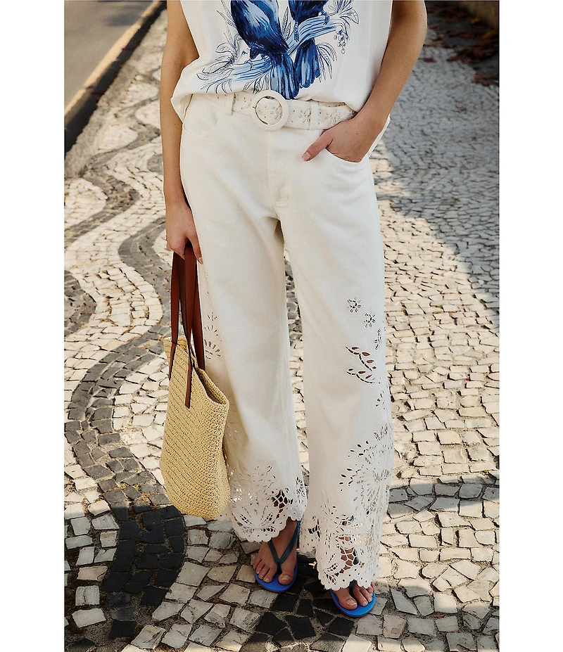 Farm Rio Boho Beauty Richelieu High Rise Embroidered Eyelet Denim Wide Leg Pants