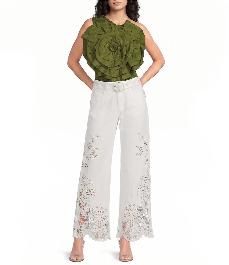 Farm Rio Boho Beauty Richelieu High Rise Embroidered Eyelet Denim Wide Leg Pants