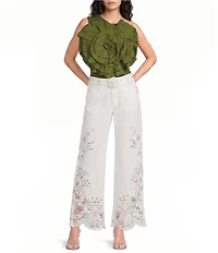 Farm Rio Boho Beauty Richelieu High Rise Embroidered Eyelet Denim Wide Leg Pants