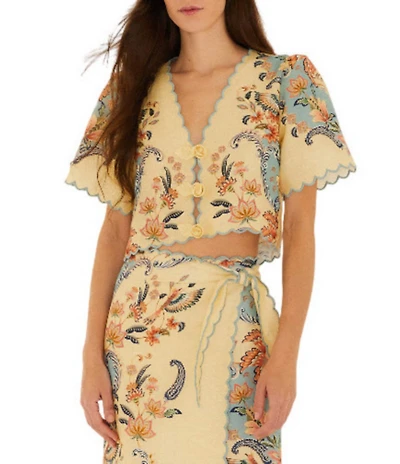 Farm Rio Boho Beauty V-Neck Short Sleeve Scallop Hem Coordinating Linen Top