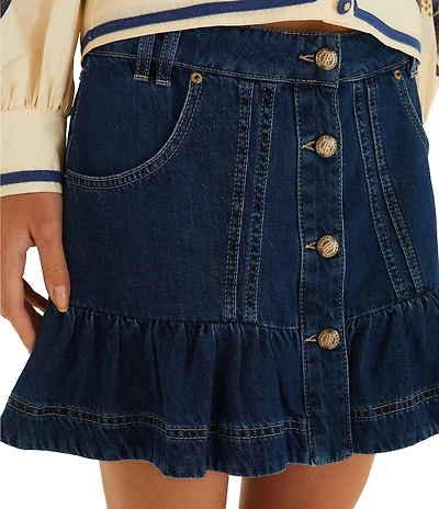Farm Rio Button Front Flounce Hem Denim Mini Skirt