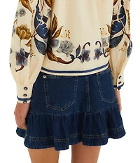 Farm Rio Button Front Flounce Hem Denim Mini Skirt