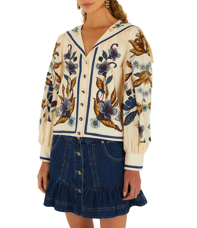 Farm Rio Button Front Flounce Hem Denim Mini Skirt
