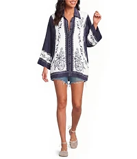 Farm Rio Coast Scarf Off-White Point Collar Short Sleeve Top