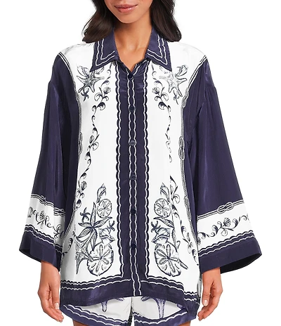 Farm Rio Coast Scarf Off-White Point Collar Short Sleeve Top