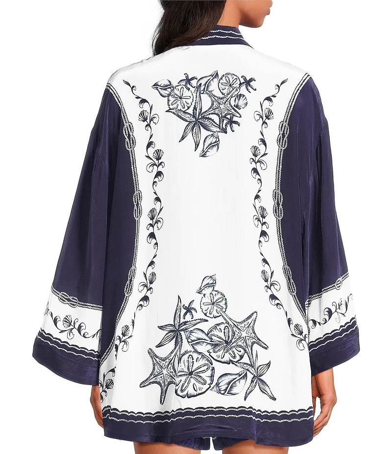 Farm Rio Coast Scarf Off-White Point Collar Short Sleeve Top