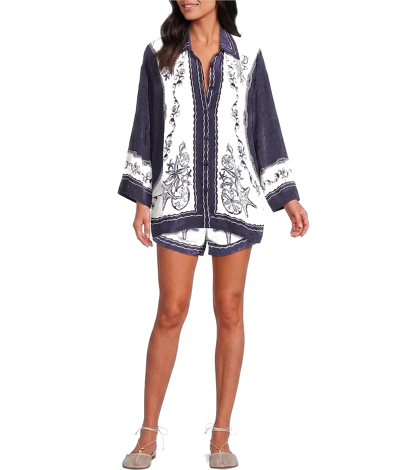 Farm Rio Coast Scarf Off-White Point Collar Short Sleeve Top