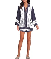 Farm Rio Coast Scarf Off-White Point Collar Short Sleeve Top