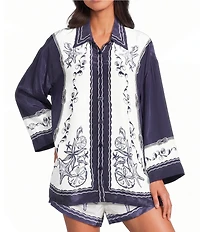 Farm Rio Coast Scarf Off-White Point Collar Short Sleeve Top