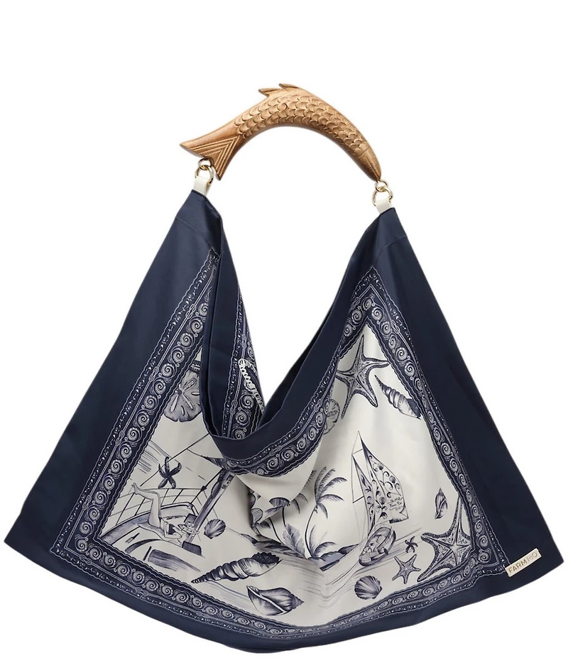 Farm Rio Coast Stars Off-White Satin Fish Medium Handle Scarf Bag