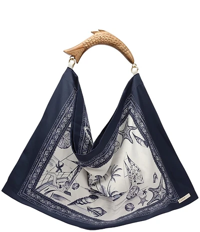 Farm Rio Coast Stars Off-White Satin Fish Medium Handle Scarf Bag