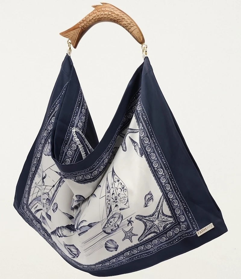 Farm Rio Coast Stars Off-White Satin Fish Medium Handle Scarf Bag