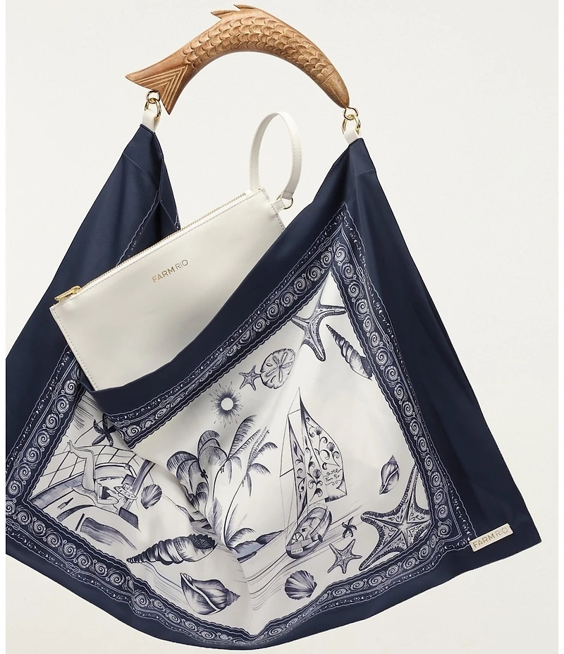 Farm Rio Coast Stars Off-White Satin Fish Medium Handle Scarf Bag