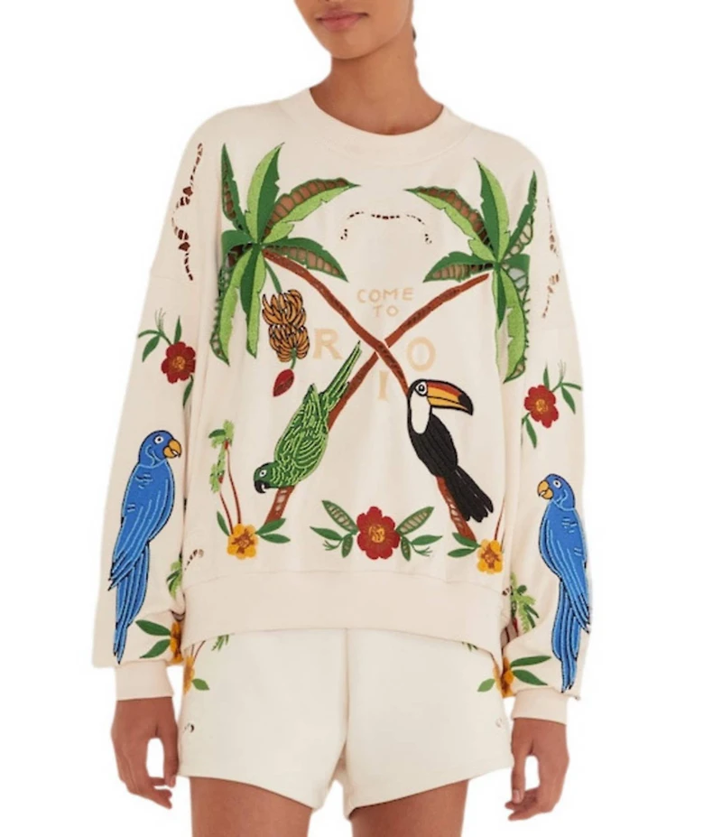 Farm Rio Coconut Trees Come to Rio Crew Neck Long Sleeve Embroidered Sweatshirt