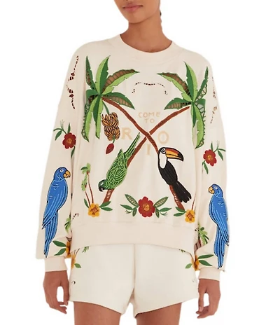 Farm Rio Coconut Trees Come to Rio Crew Neck Long Sleeve Embroidered Sweatshirt