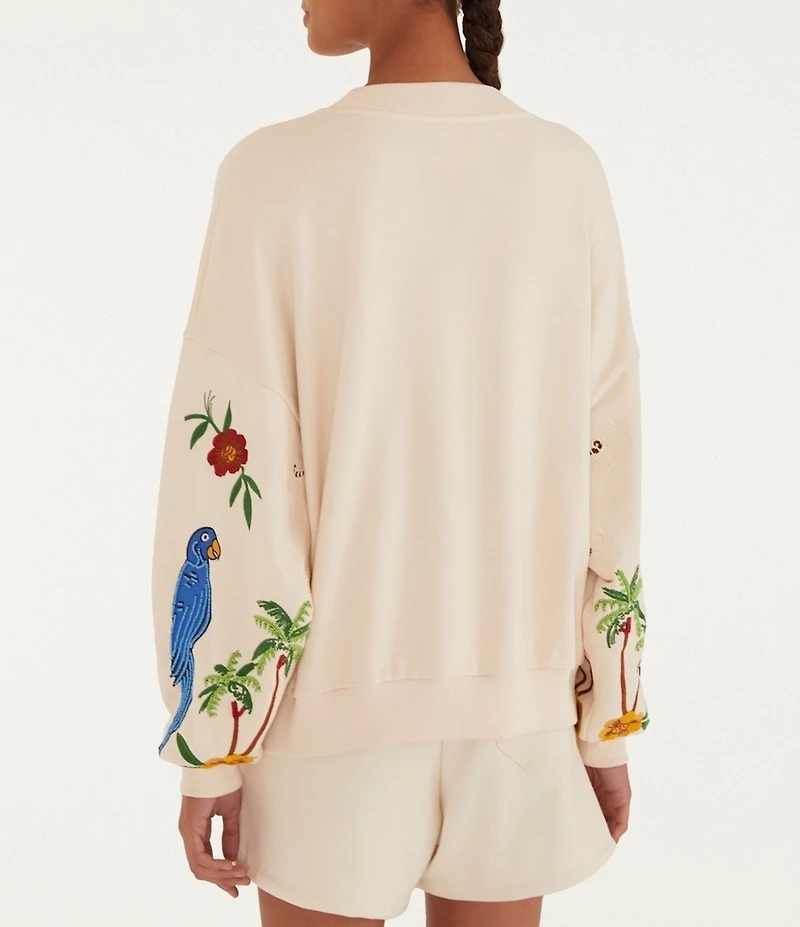Farm Rio Coconut Trees Come to Rio Crew Neck Long Sleeve Embroidered Sweatshirt