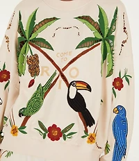 Farm Rio Coconut Trees Come to Rio Crew Neck Long Sleeve Embroidered Sweatshirt