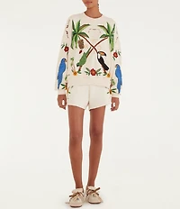 Farm Rio Coconut Trees Come to Rio Crew Neck Long Sleeve Embroidered Sweatshirt