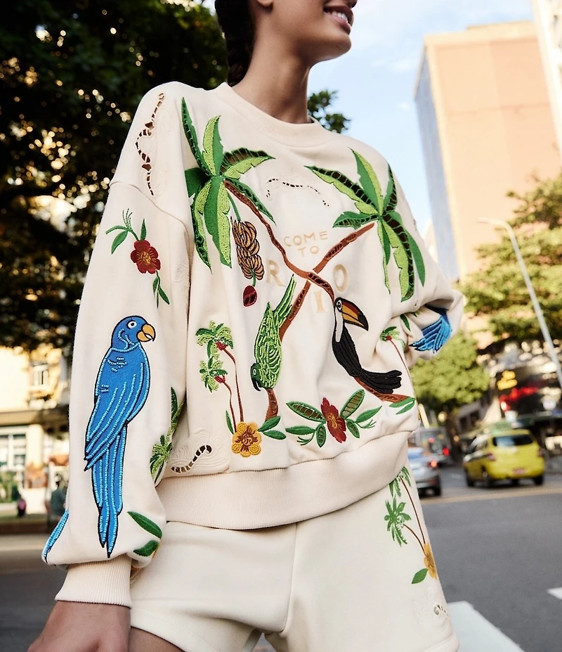 Farm Rio Coconut Trees Come to Rio Crew Neck Long Sleeve Embroidered Sweatshirt